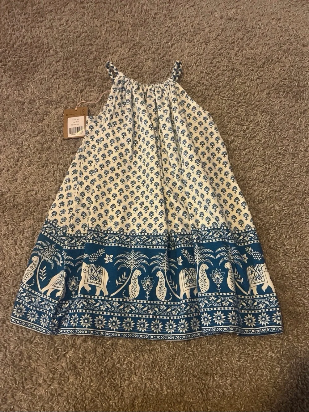 Mini Boden White and Blue Elephant Border Sundress